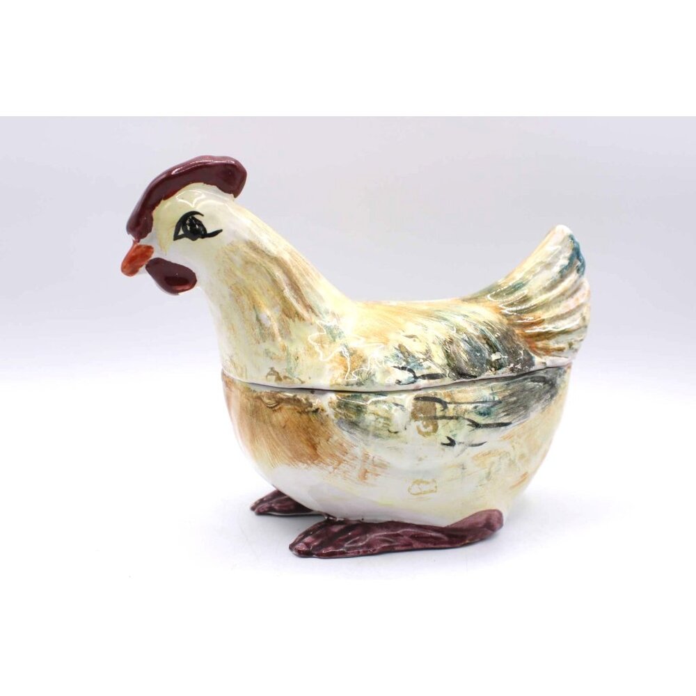 Vtg Italian HandPainted Pottery Ceramic Chicken Trinket Keepsake Candy Dish '84